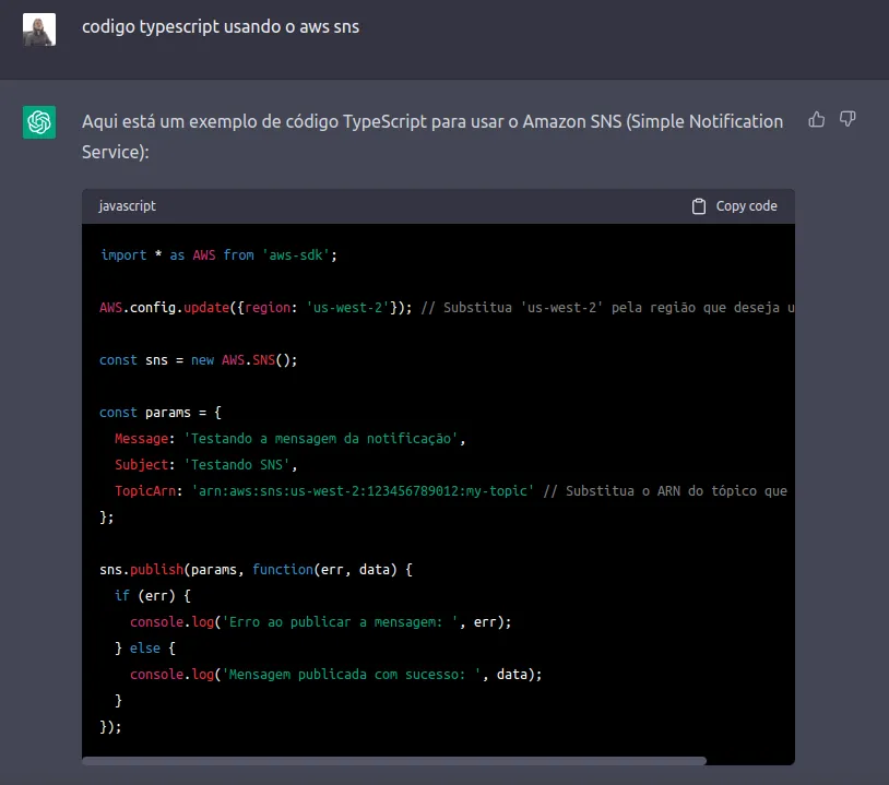 Imagem Pedindo ao ChatGPT um exemplo usando o AWS SNS