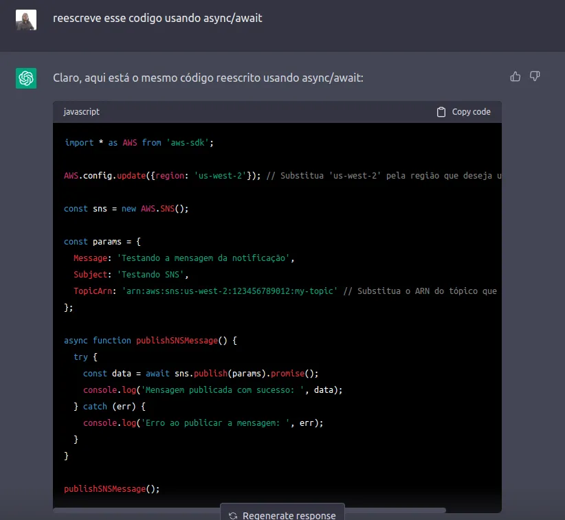 Imagem Pedindo ao ChatGPT para reescrever o exemplo em async/await